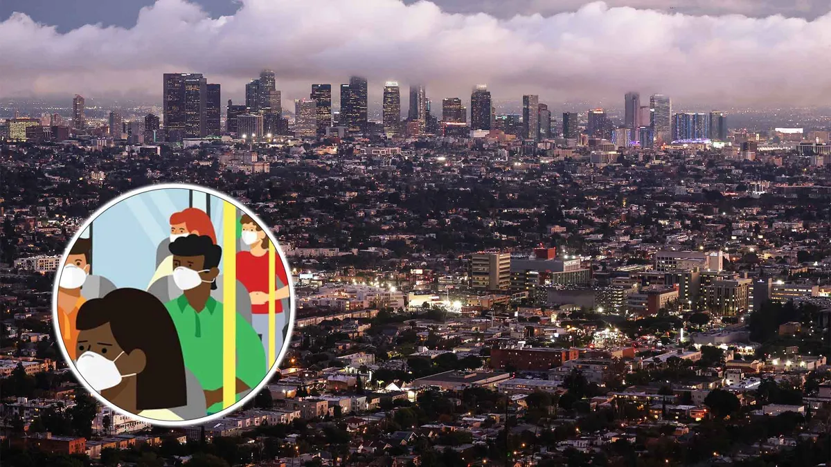 Los Angeles Skyline with image of cartoon people wearing masks