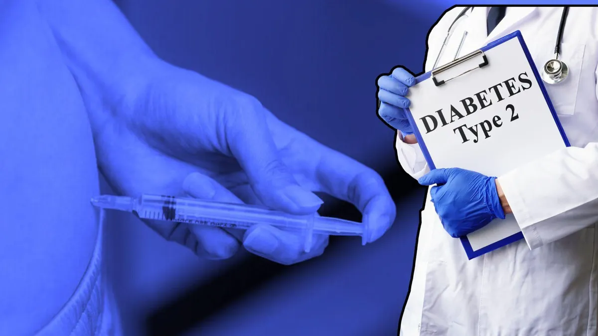 A blue-tinted photograph of a person injecting insulin into their hip/A faceless doctor holds a clipboard that reads, “Type 2 Diabetes”