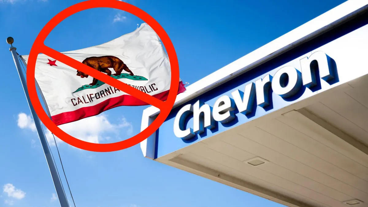 A Chevron gas station sign with a California flag crossed out
