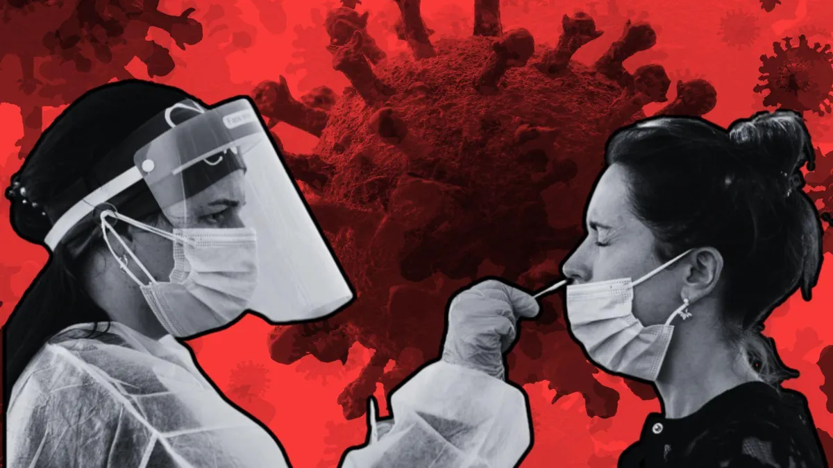 A photograph of a medical health professional administering a CVID-19 test on a patient/A red-tinted photo of the COVID-19 virus