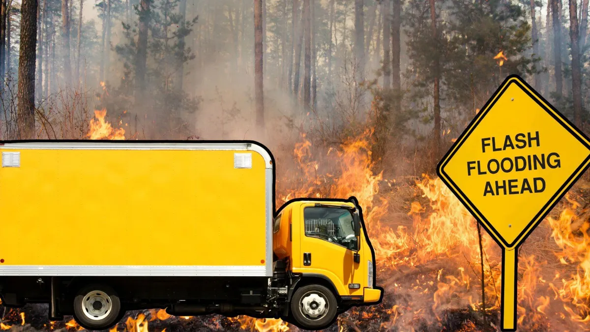 A yellow moving truck/A forest on fire/A yellow road sign that reads “Flash Flooding Ahead”
