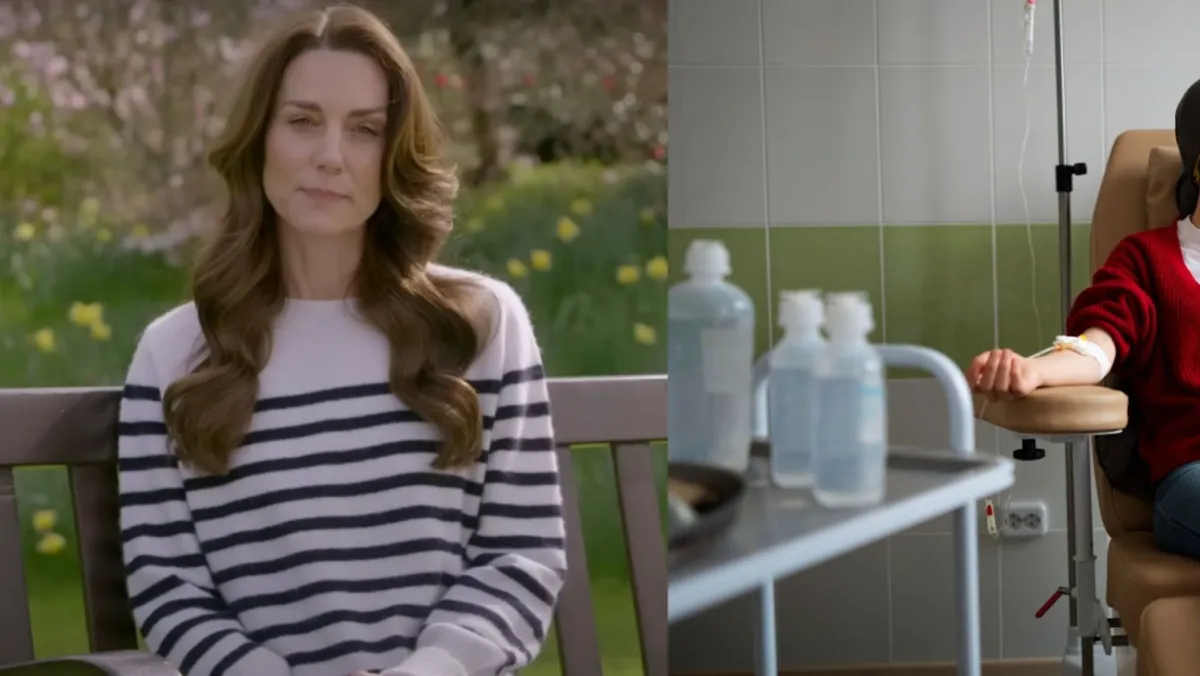 Catherine Middleton pictured in a white and black sweater during a YouTube video/An image of a young woman in a red jacket during a chemotherapy session
