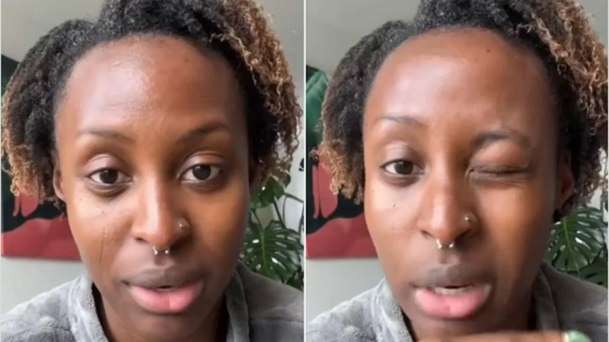 Two photos of the same woman looking into the camera and squinting her left eye. She has light brown hair and two nose rings