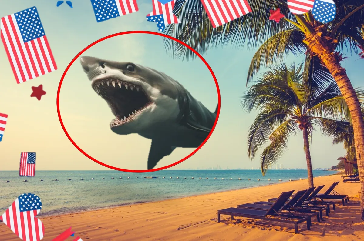 Beach background with shark circles near the center. American flags and stars decorating the border