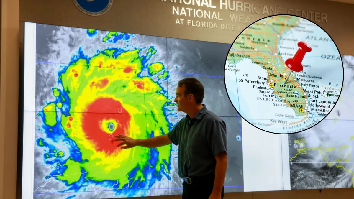 A man pointing at a diagram of a hurricane with a small image of a map of Florida
