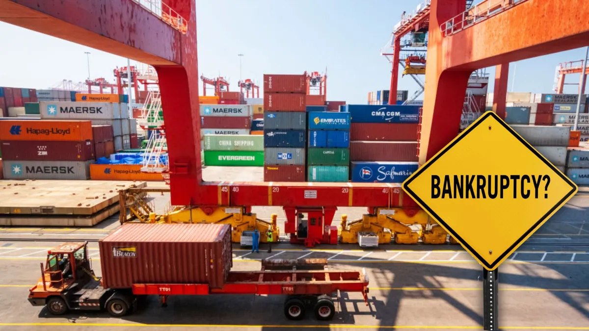 A large trucking carrying a red shipping container driving past a port filled with containers of various colors