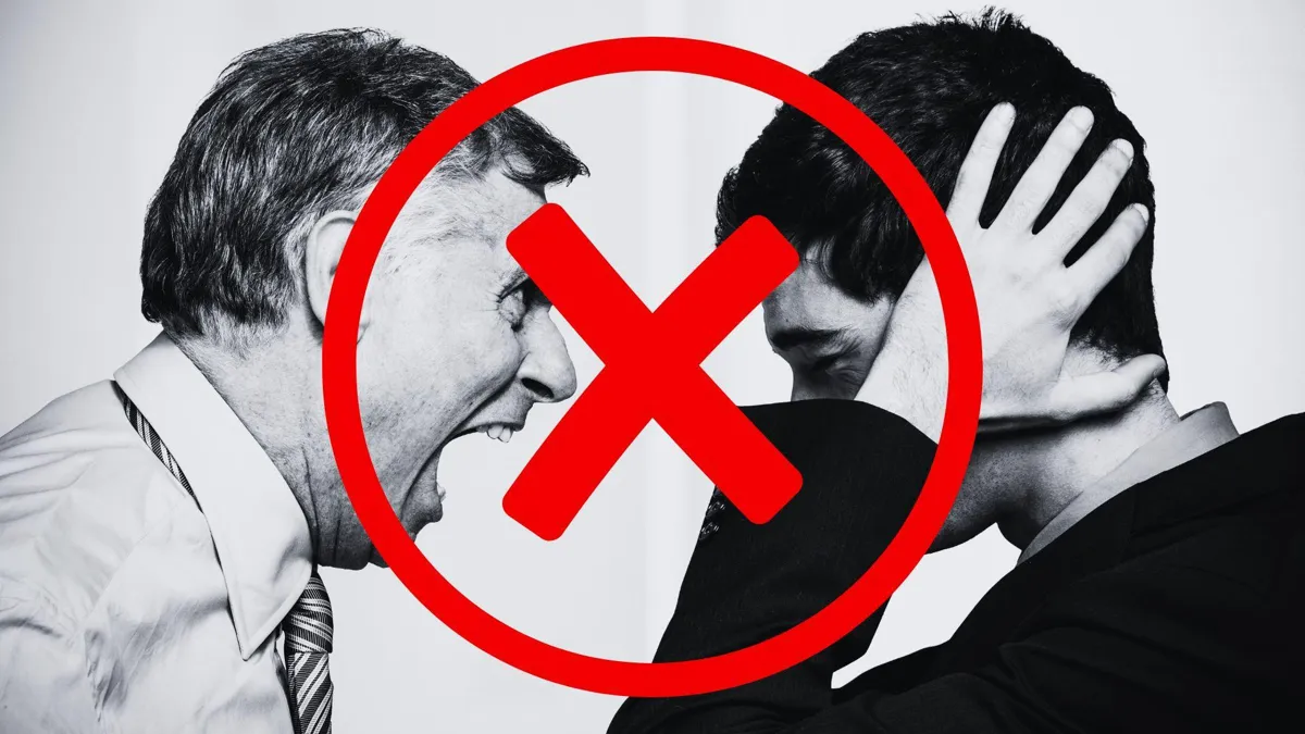A black and white photograph of a boss yelling at an employee with a large red X through it