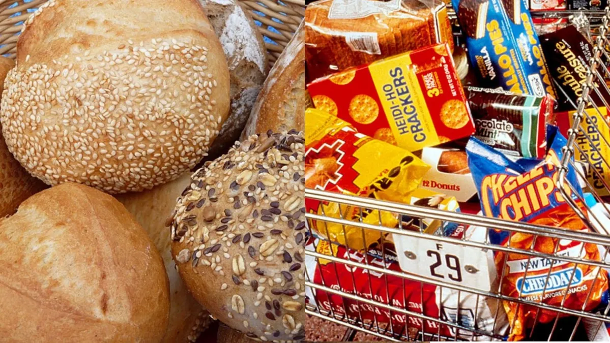 A selection of bread rolls pictured in a small basket/Several ultra-processed foods pictured in a supermarket shopping basket