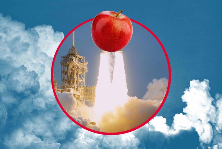 Illustrative archive composite of food and a rocket launch.