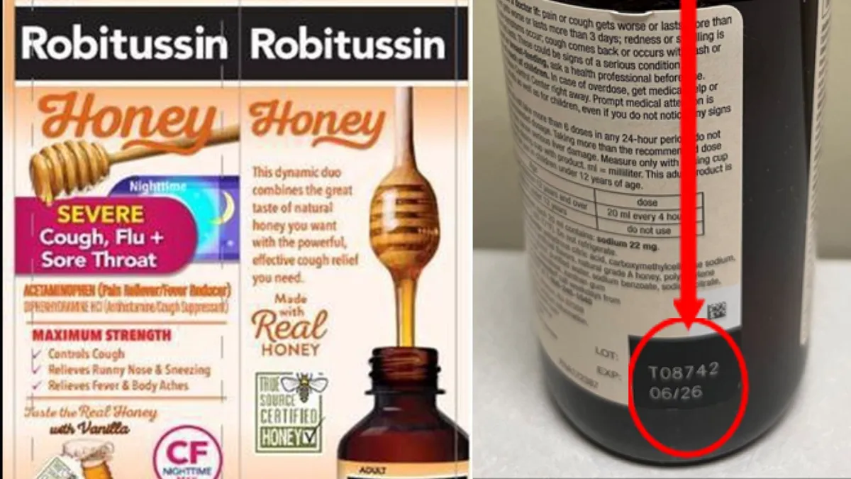 Image displaying a Robitussin Honey Nighttime Severe Cough, Flu + Sore Throat medicine packaging on the left, featuring claims of maximum strength with real honey and vanilla flavor. On the right, a close-up of the back of the bottle with a red arrow pointing to the lot number "T08742"