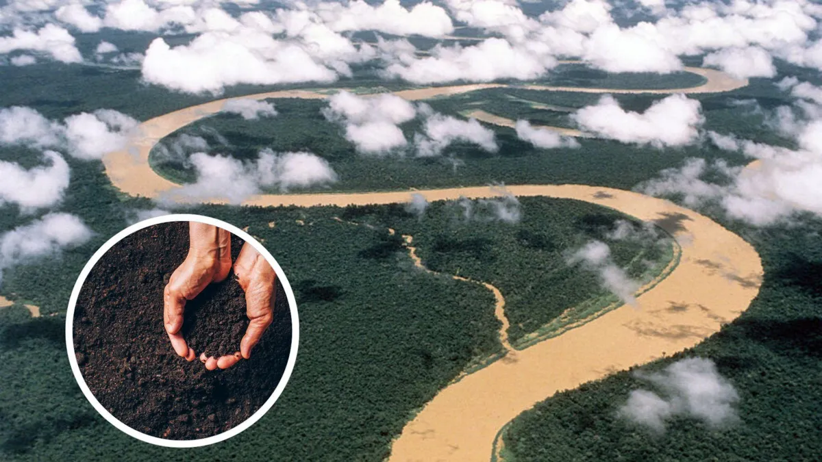 The Japura River on the border between Brazil and Colombia; the river meanders through virgin forest and flows into the Brazilian section of the Amazon/Hands holding dark soil from the Earth