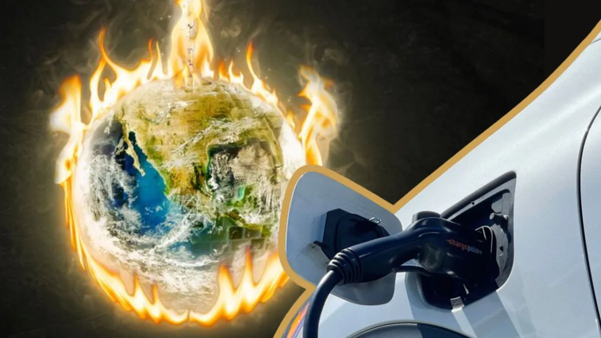 A digital illustration of planet Earth on fire/A close-up photograph of an EV charging