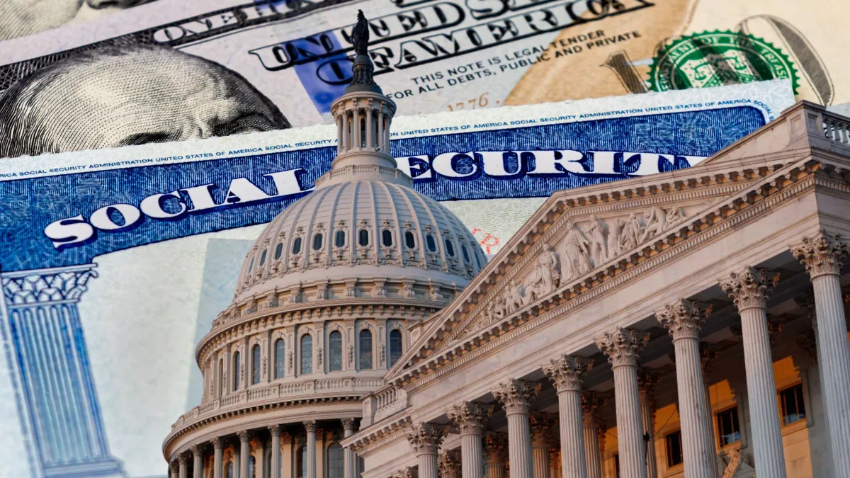 The U.S. Congress building in front of hundred dollar bills and a social security card