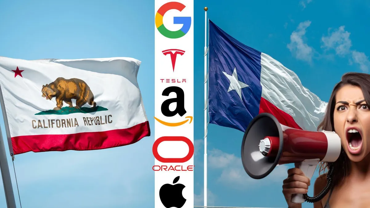 A photograph of a California state flag against a blue sky/Logo for Google/Logo for Tesla/Logo for Amazon/Logo for Oracle/Logo for Apple/The Texas state flag flying against a blue sky/A woman shouting into a megaphone