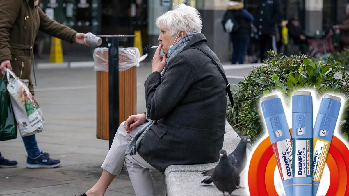 A woman smokes a cigarette near pigeons with Ozempic overlaid