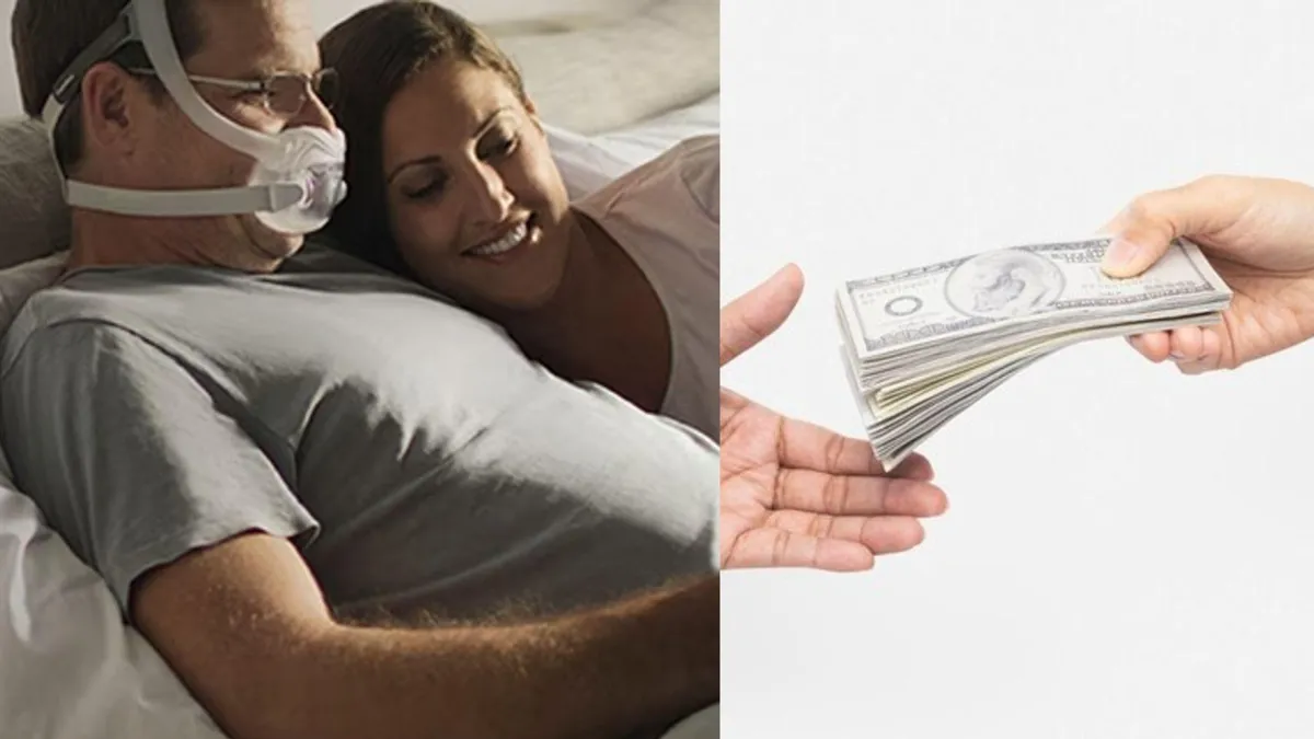 A man and his wife lie in bed while he uses a Philips sleep apnea machine/ Hands exchanging cash against a white background