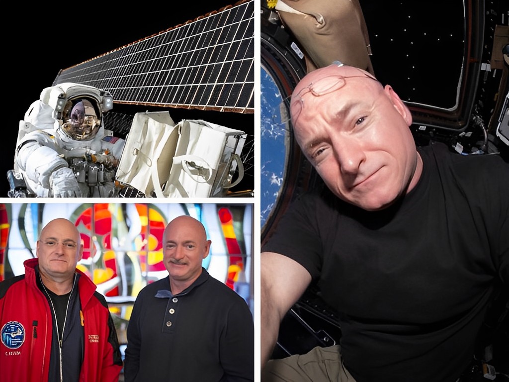A collage of astronaut photographs and the Kelly twins