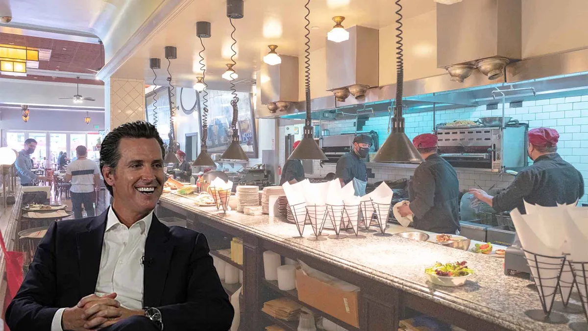 Open kitchen area at Left Bank Brasserie, a French cuisine restaurant in San Jose, California with Gavin Newsom smiling overlaid on top