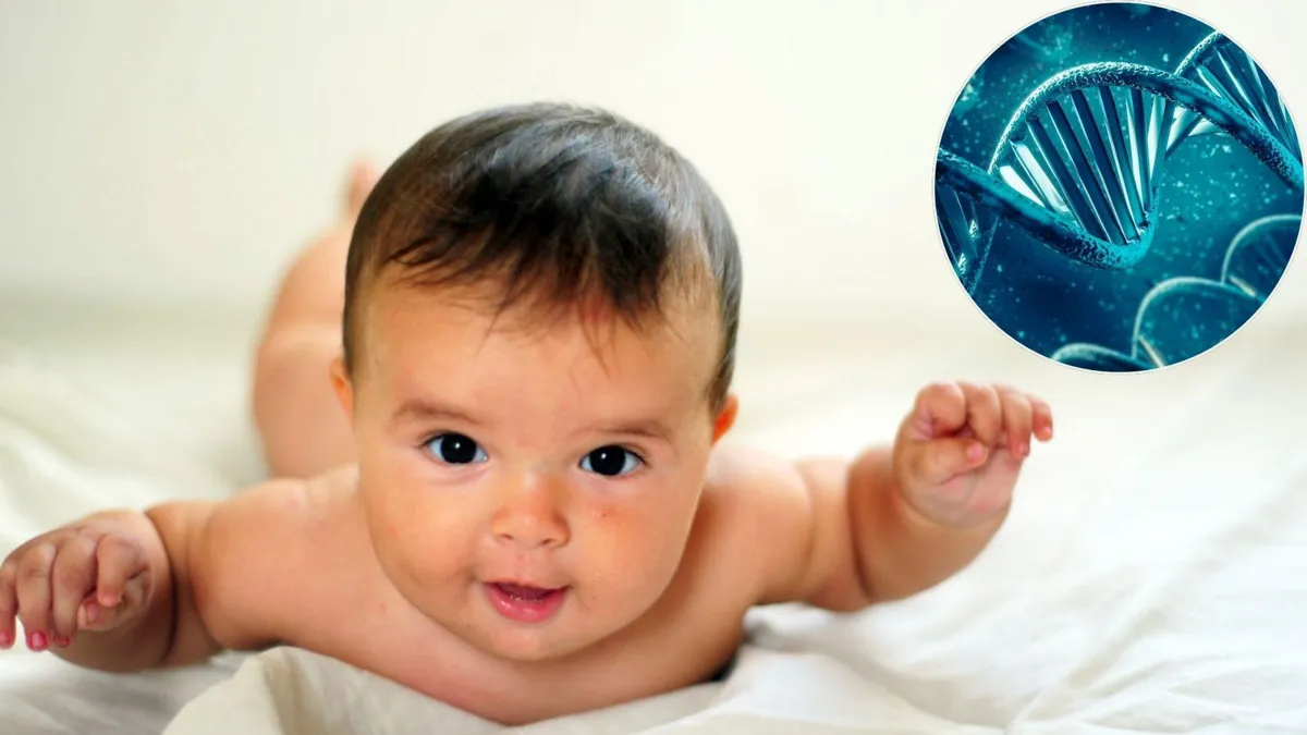 A small baby lies on a bed on its stomach while looking at a camera with a circle in the corner portrays DNA