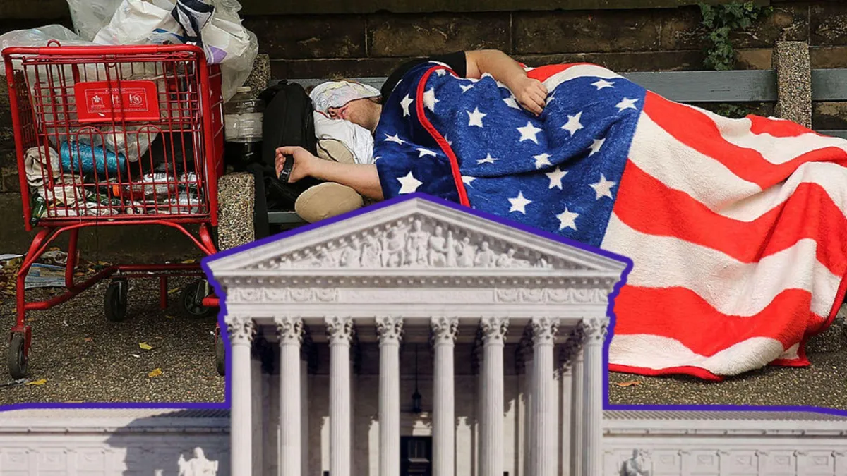 A photograph of a man sleeping on a park bench with an American flag blanket next to a shopping cart full of his possessions/The US Supreme Court building