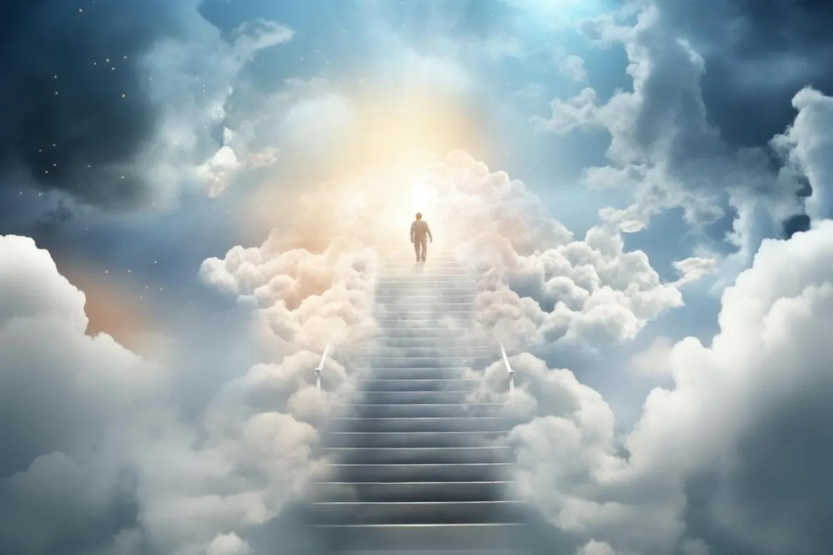 A digital illustration of a silhouette walking upstairs and into the clouds