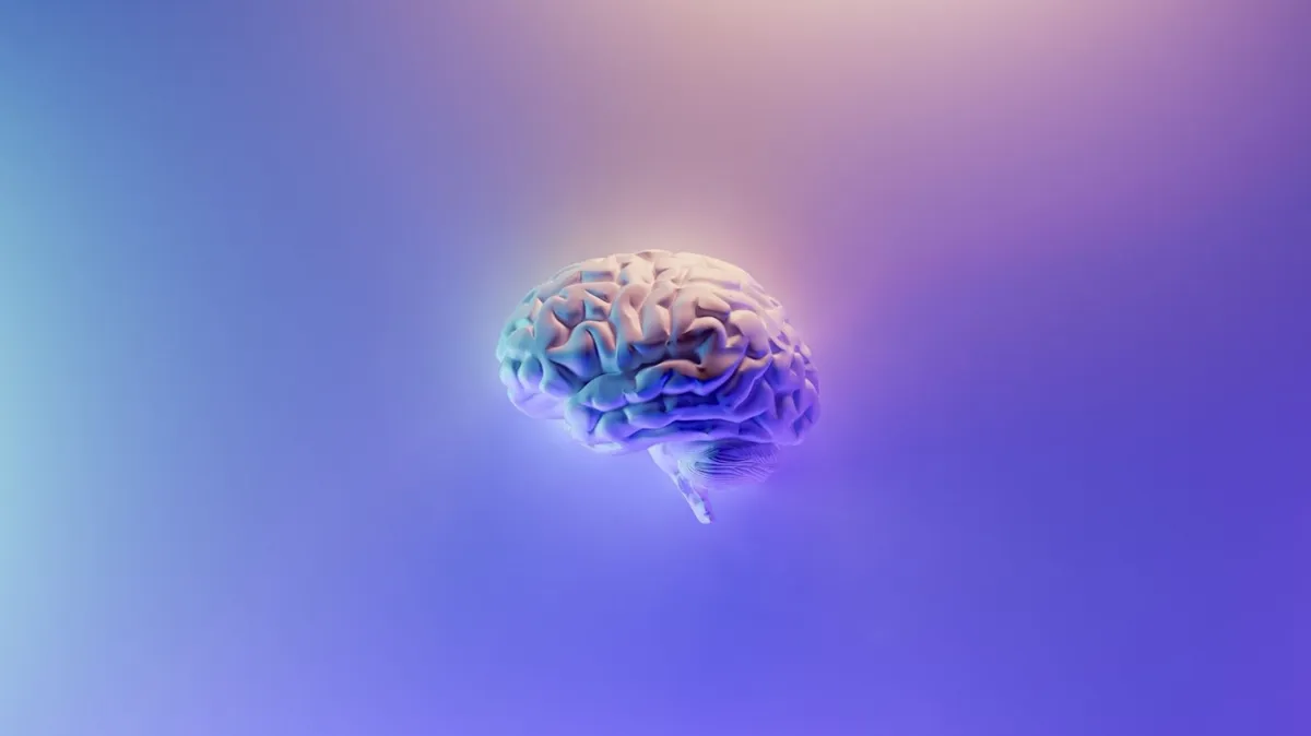 A 3D rendered image of a brain in pink and purple colors. The brain is against a vibrant purple image