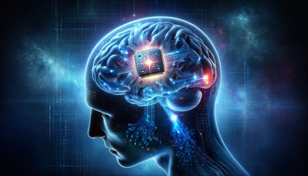 A digital illustration of a brain chip implanted in a human