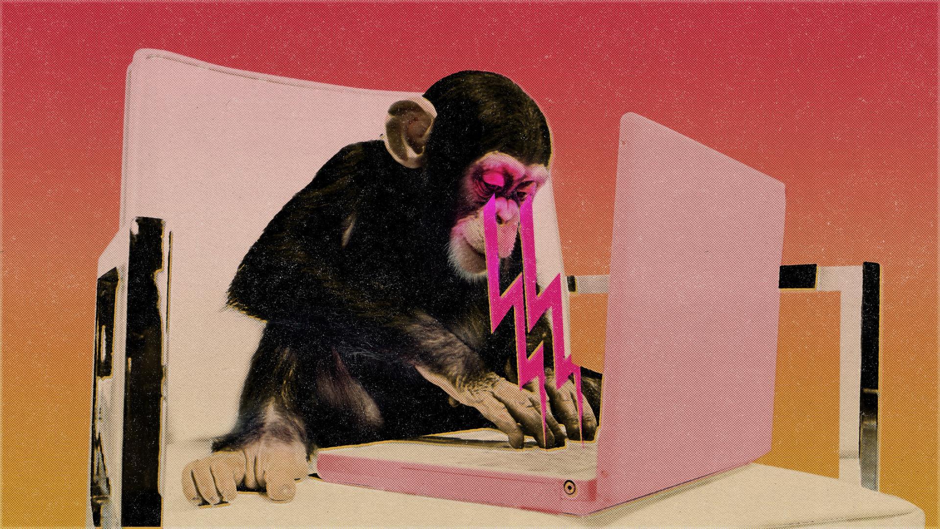 A primate near computer equipment; archival research image, not a human participant.