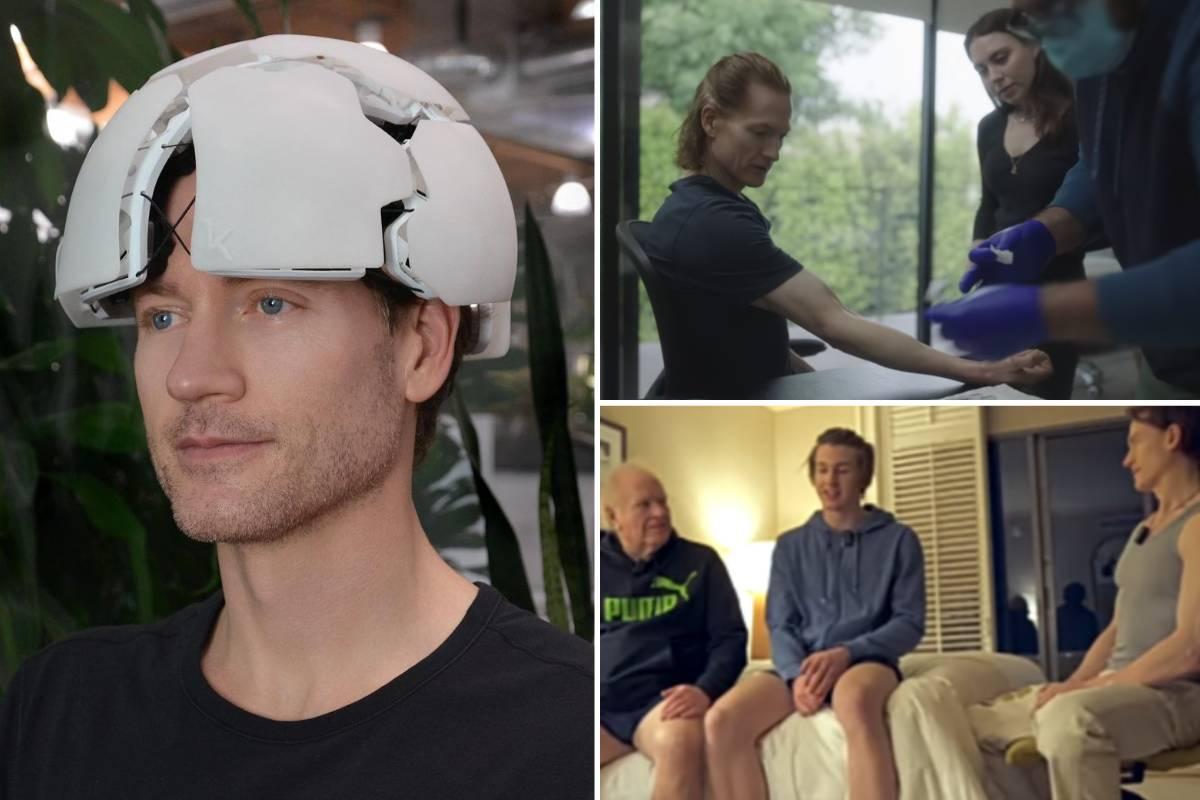 A collage of Bryan Johnson undergoing measurements and sitting with his father and son