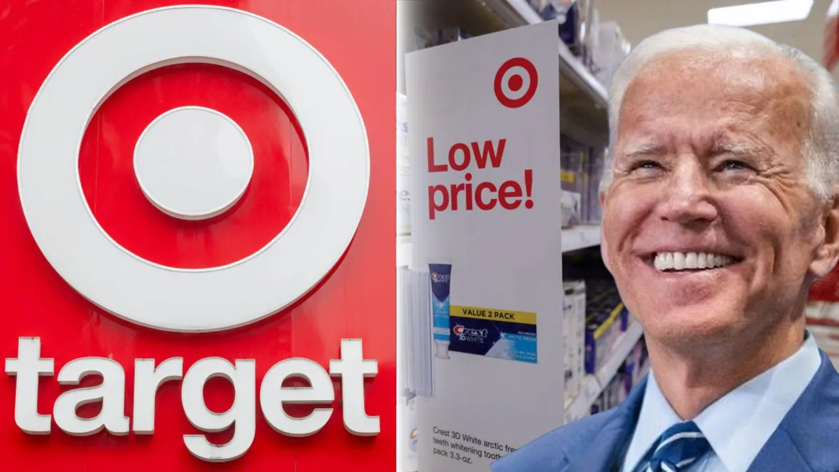A close-up of a Target sign/A sign in a Target store announcing a new low price/US President Joe Biden smiling