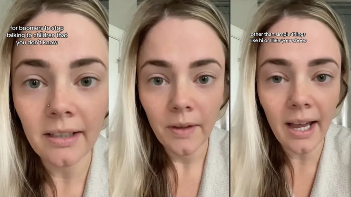A collage of three close-up images of a young woman with blonde hair and a nose piercing, speaking directly to the camera. In the first image, text overlay reads 'for boomers to stop talking to children that you don't know.' In the second image, she appears to be listening or pausing mid-sentence. The third image includes text saying 'other than simple things like hi or I like your shoes,'