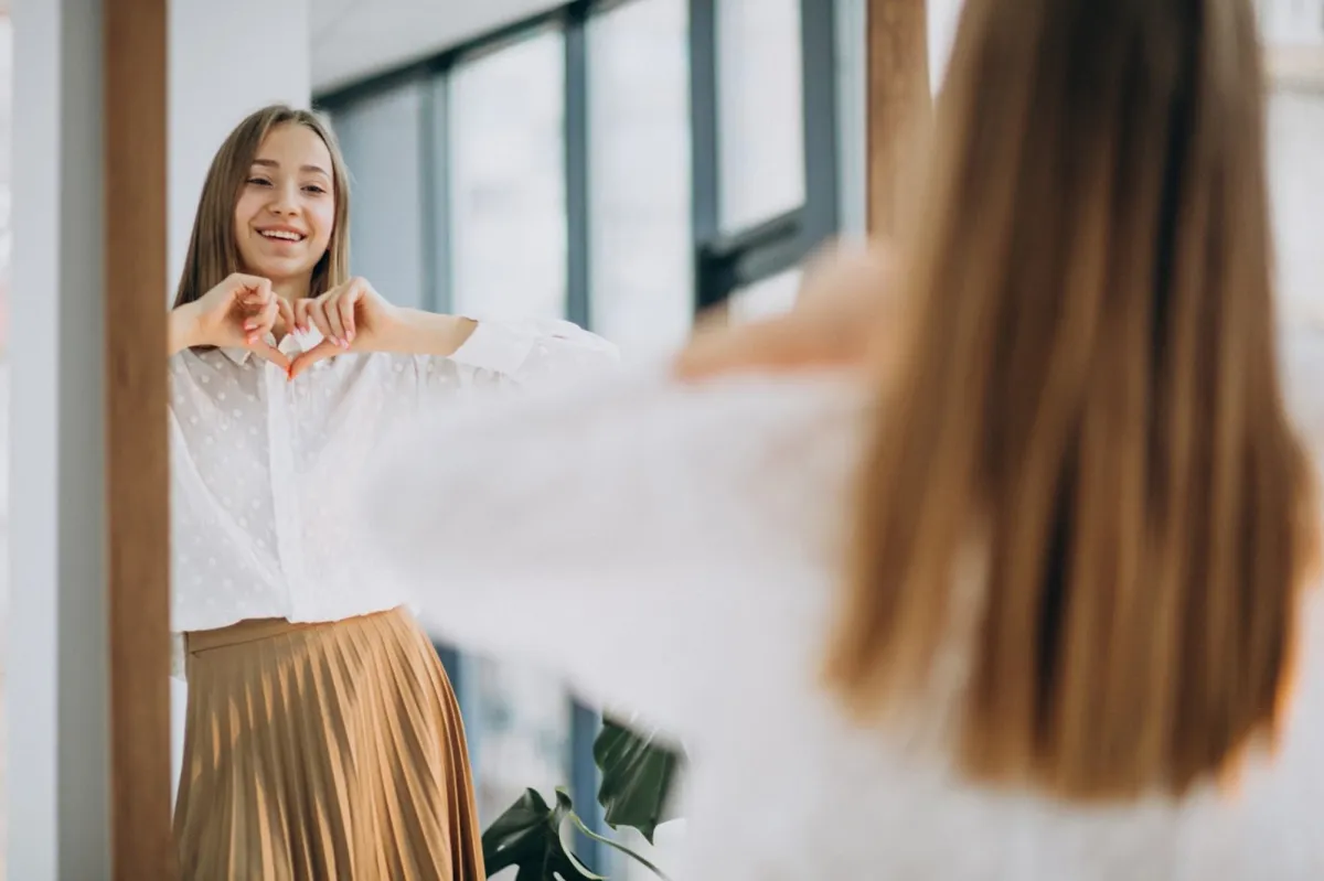 Young girl smiles as she holds up a heart sign with her hands in the mirror