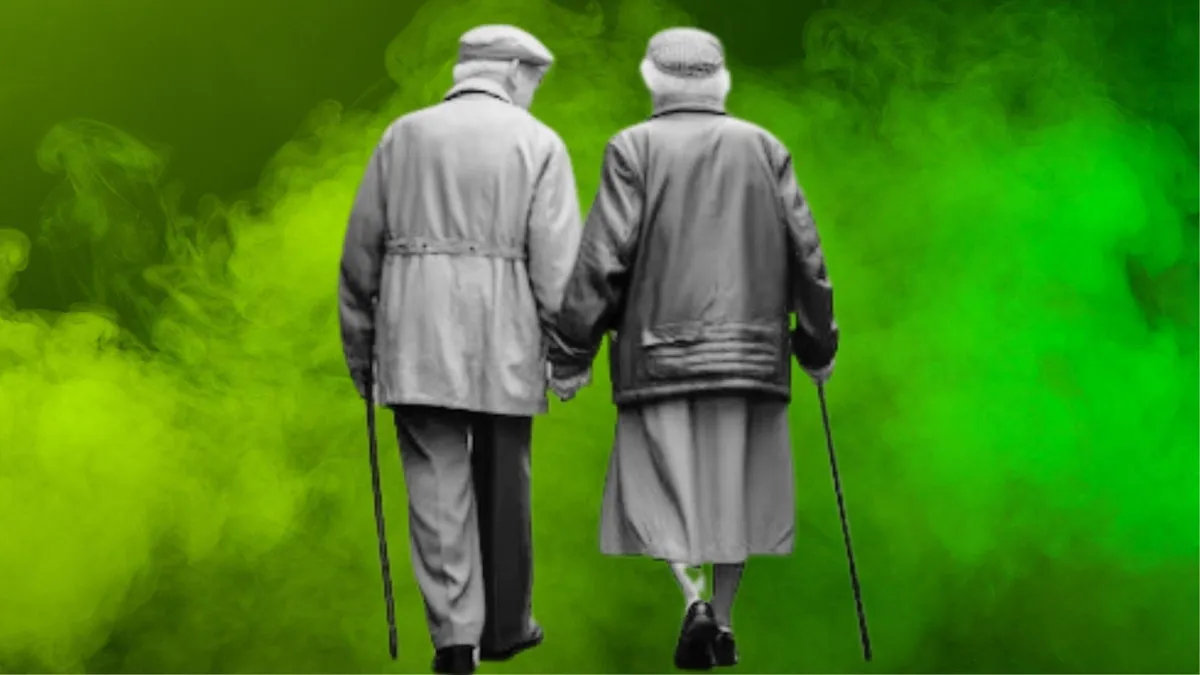 A black and white photograph of an elderly couple with canes walking/A green and yellow smoke in front of a green background