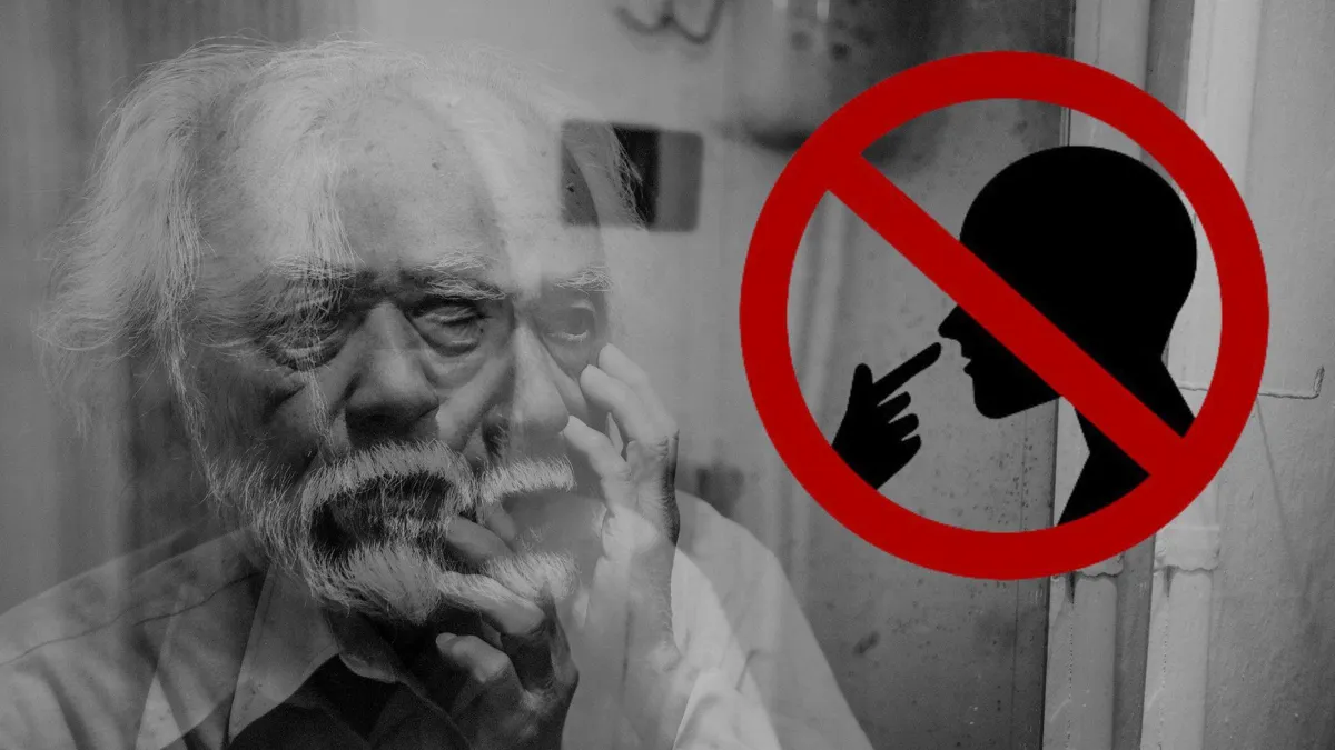 A black and white photograph of a man, blurred to show dementia/A silhouette of a hand picking a nose with a red circle around and a line through it