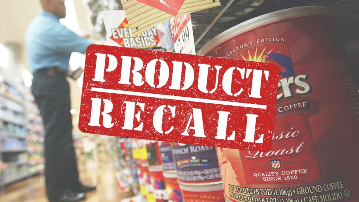 A low view of a man working in a grocery store in the coffee aisle with an image of a product recall notice imposed on top