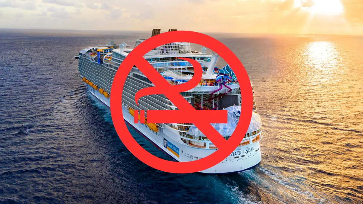A Royal Caribbean cruise ship at sea/A red graphic for no smoking