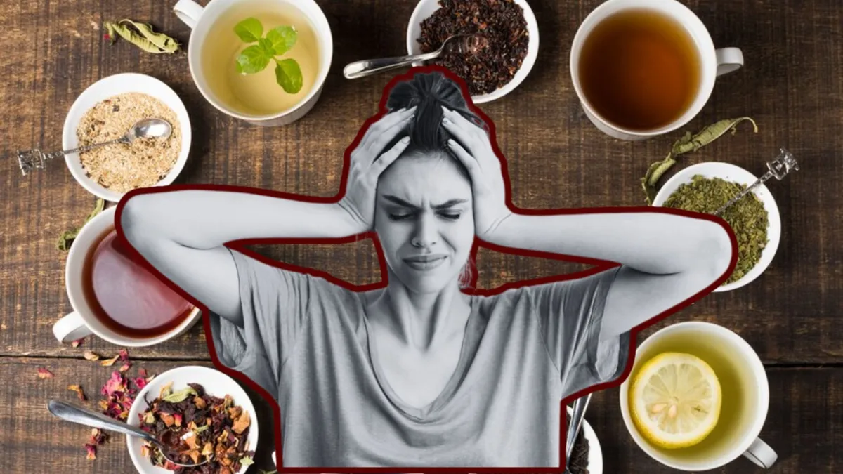 Several cups of different kinds of tea in a circle on a wooden table/A woman holding her head in pain