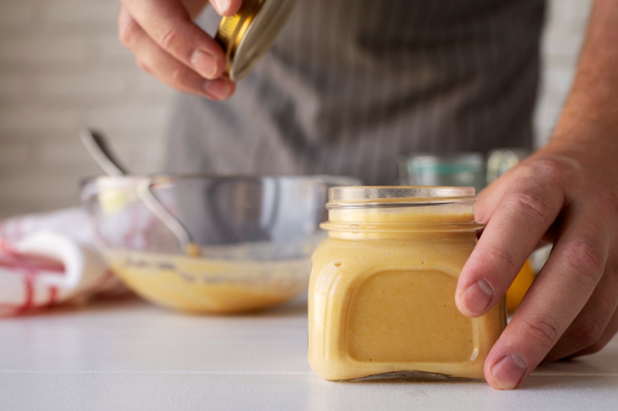 Hands beside an open jar of peanut butter.