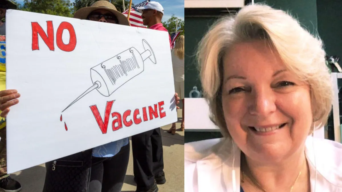 A protester holds an anti-vaccination sign as the coronavirus pandemic continues to worsen on May 16, 2020/The Linkedin profile picture of Dr. Sherri Tenpenny