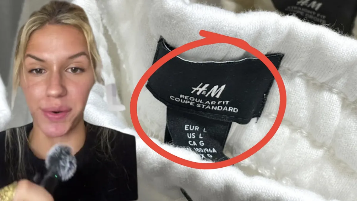 A screenshot from a TikTok video posted by @planetdeepblue/A photograph of an H&M sweater showing the tag in a red circle