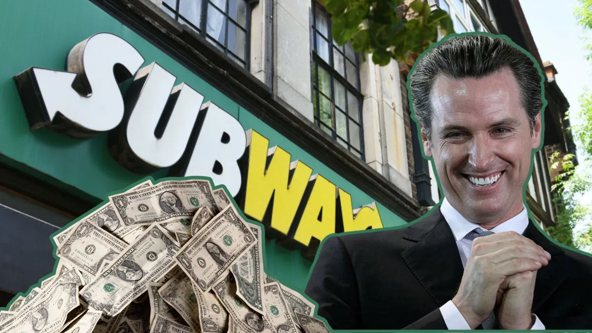 A large pile of US money/The sign for a Subway sandwich restaurant/California Governor Gavin Newsom smiles while clasping his hands