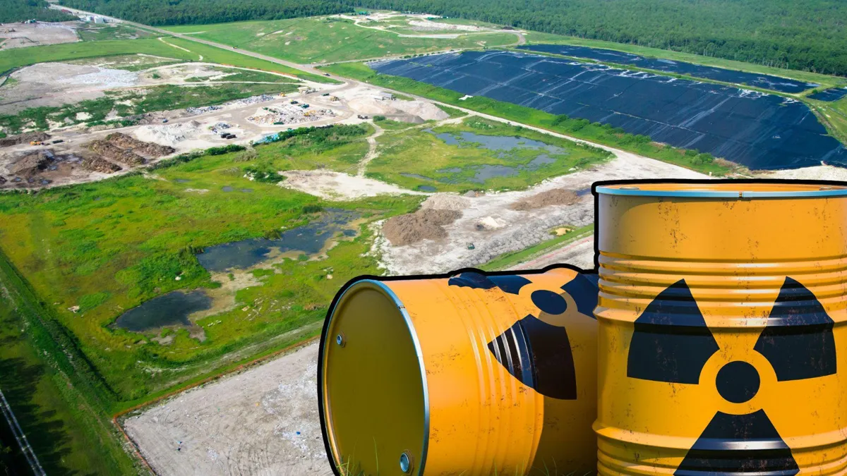 An aerial view of a large waste disposal facility/Two radioactive waste barrels