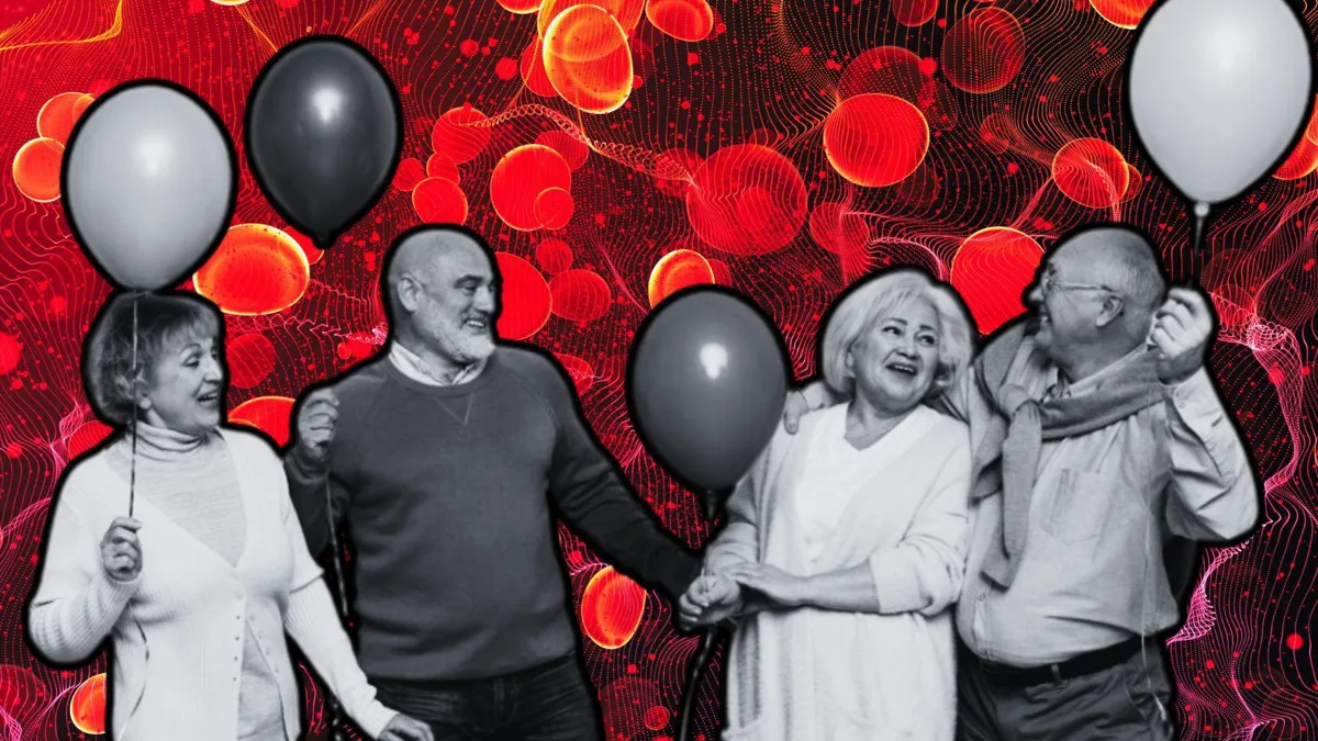 Elderly friends celebrating a birthday with balloons/A digital illustration of blood cells