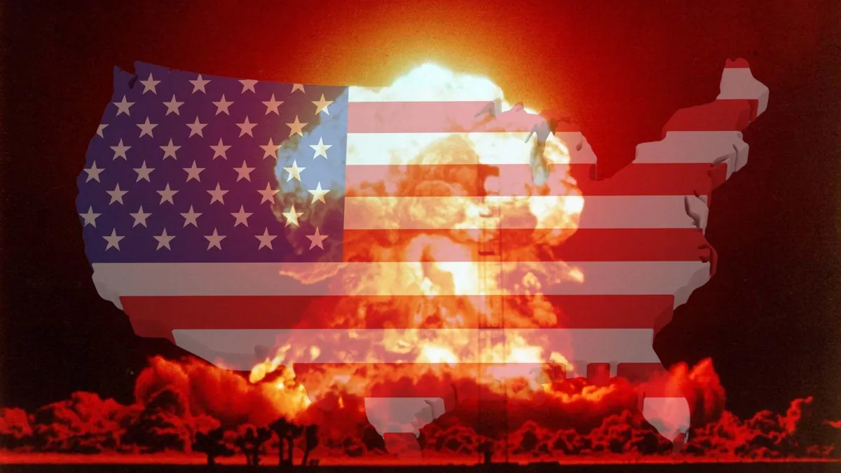 A digital illustration of a nuclear bomb/A map of the US covered in an American flag