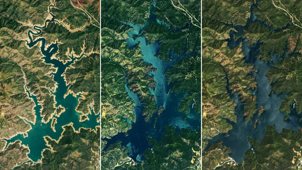 NASA satellite photos of Lake Shasta seen in 2022, 2023, and 2024.