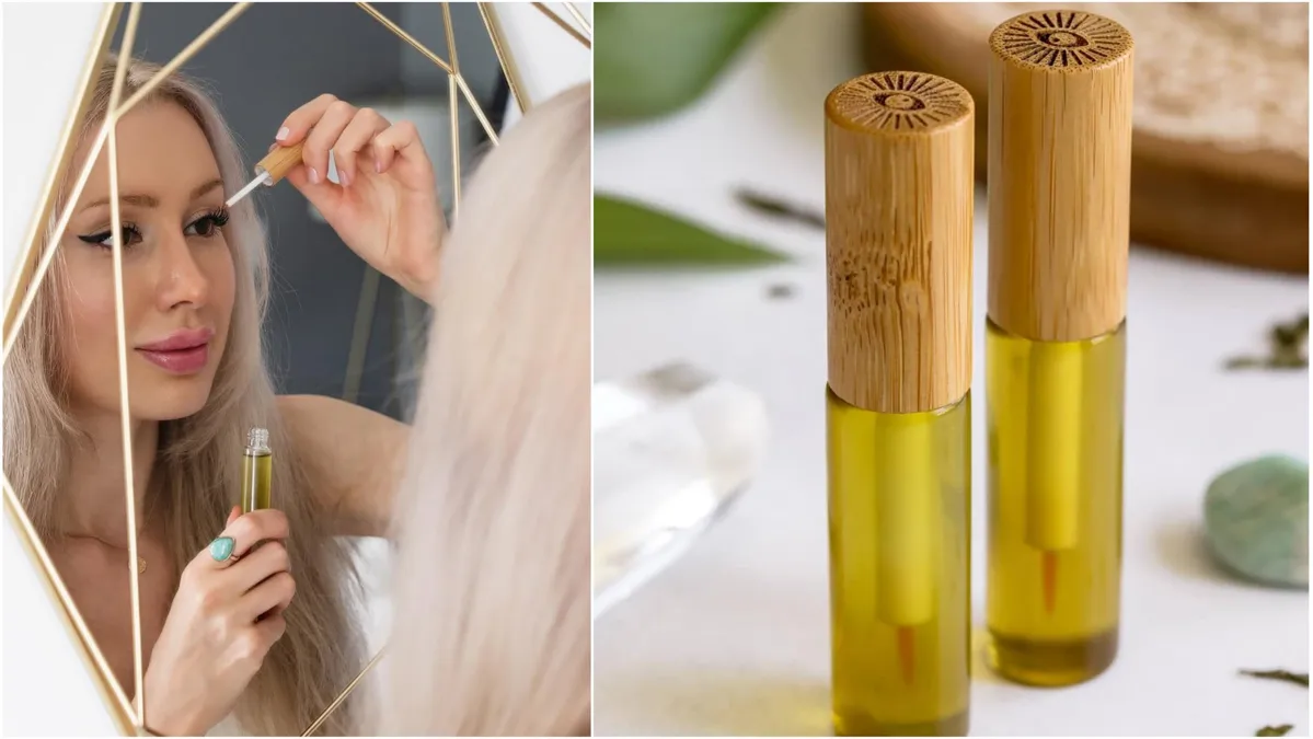 Collage of a lady applying an eyelash growth serum on her lashes