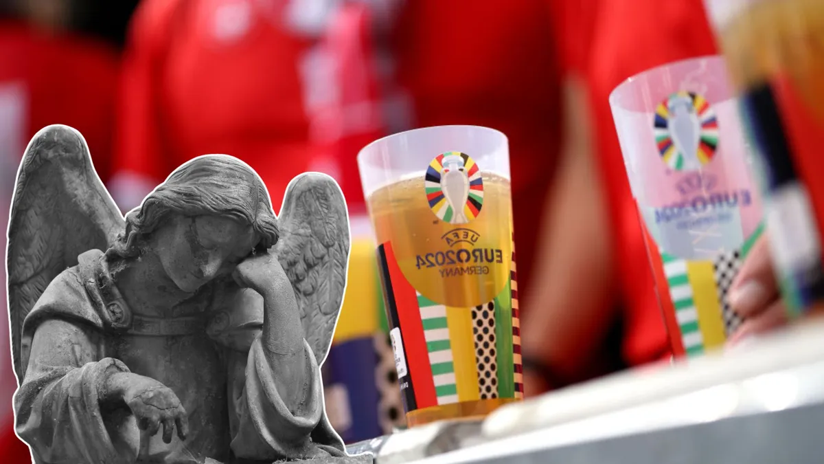 a rail with several beer glasses overlaid with a statue of an tombstone angel