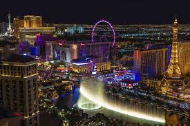 Las Vegas at night with a fountain; archive city photograph.