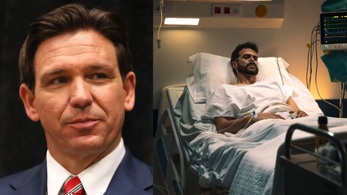 Florida Governor Ron DeSantis pictured in a navy suit and red tie during an event/An image of a man lying in a hospital bed after contracting a disease