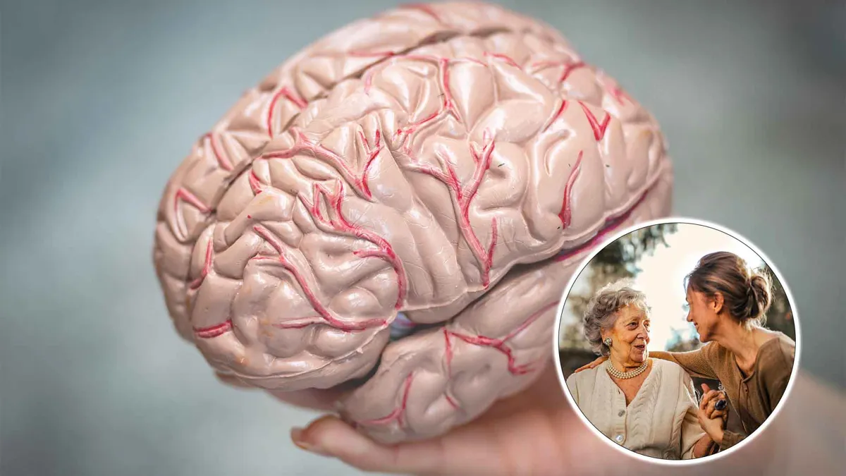 hand holding fake brain with mother and daughter overlaid